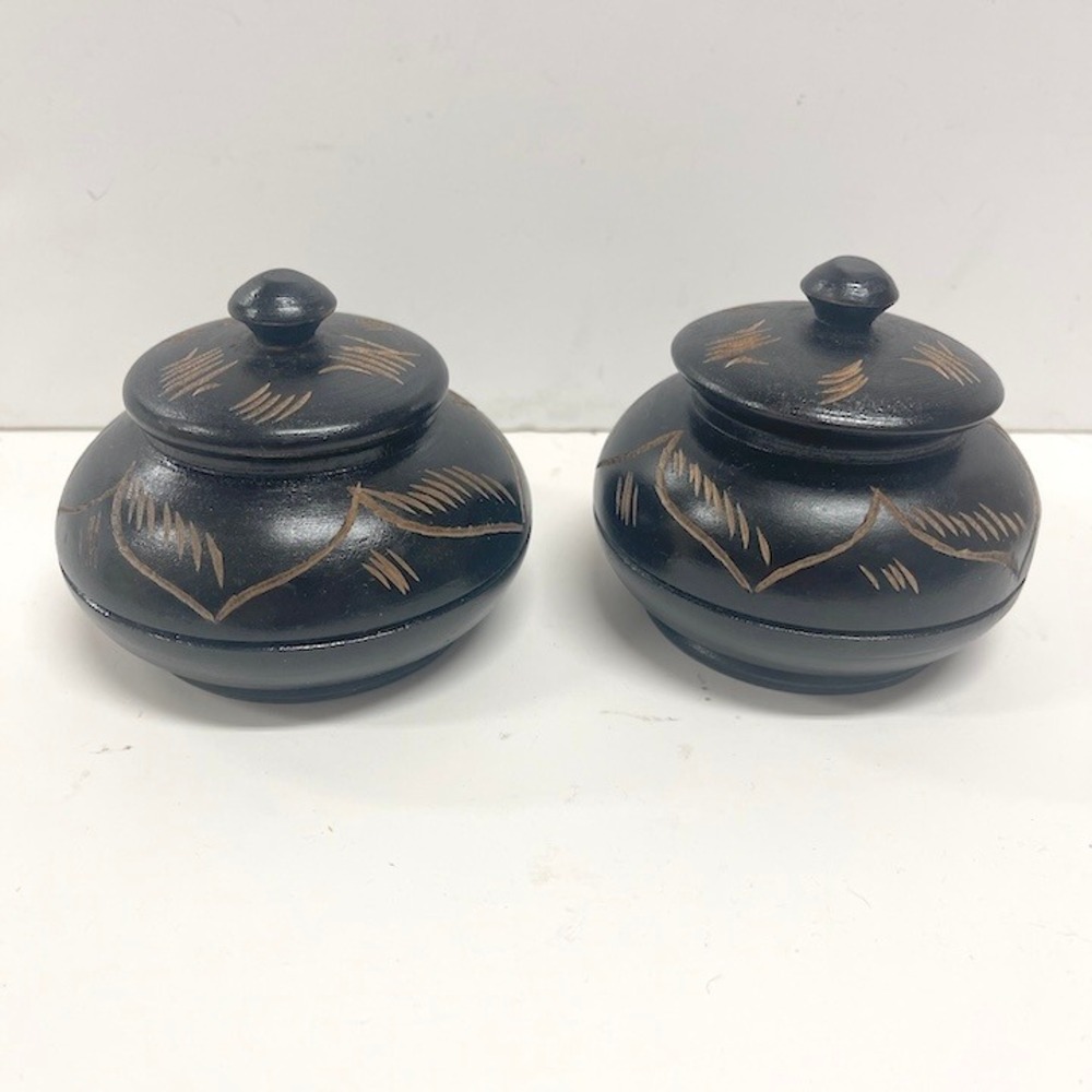 Vintage Haitian Folk Art Hand-Carved‎ Black Wood Lidded Trinket Jars - Pair